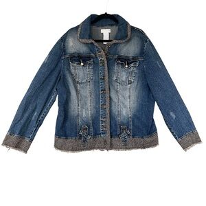 BABY PHAT Y2K Vintage Jean Jacket Tweed Trim Rhinestone Cat Bling Distressed 3X